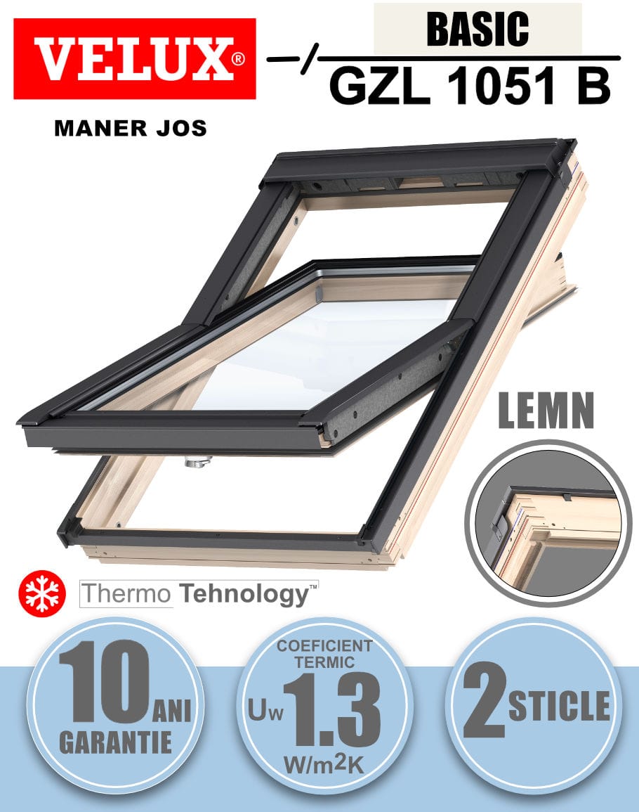 Geam Velux GZL 1051B lemn pin, 2 sticle, maner jos 3 Geam Velux GZL 1051B lemn pin, 2 sticle, maner jos
